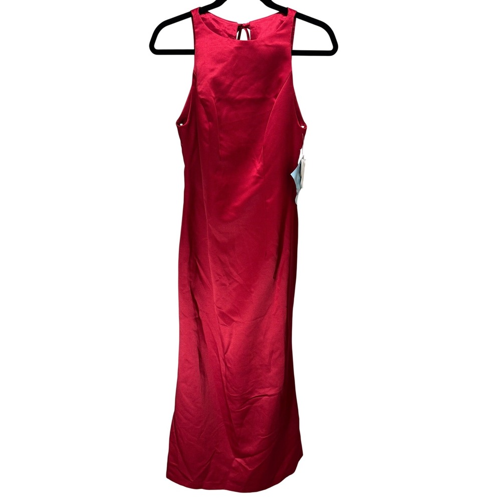 After Six Gown 6 Red Satin High Neck Tie Back Formal Maxi Prom Dress 90s NEW - Picture 2 of 12